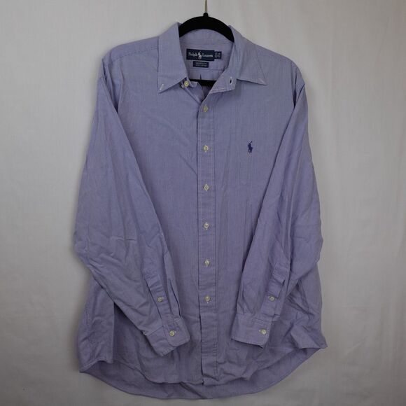 VTG Ralph Lauren Button Down Shirt Mens Size 16.5 34/35 Blue Striped Logo Cotton - Picture 14 of 15